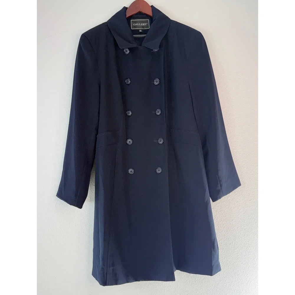 Vintage 90s Gallery Trench Coat Double Breasted Navy Blue Quiet Luxury Preppy 12